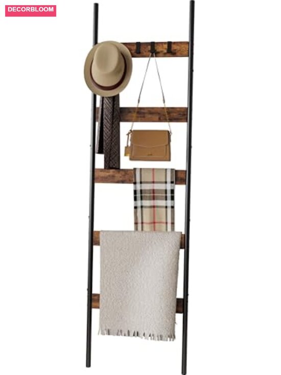Other - 5-Tier Blanket Ladder with Hooks, Faux Leather and Metal Freestanding Towel
